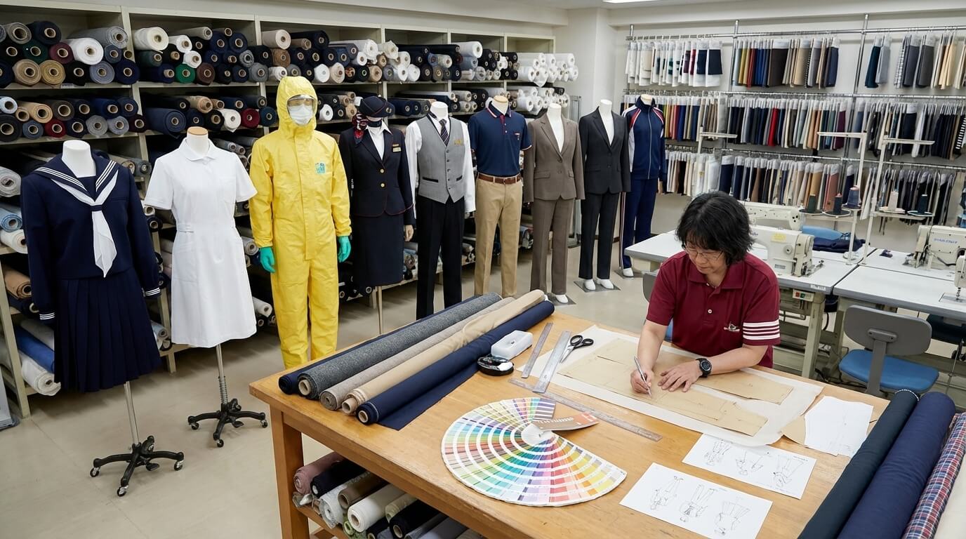 Premium uniform customization studio with garment design and production setup