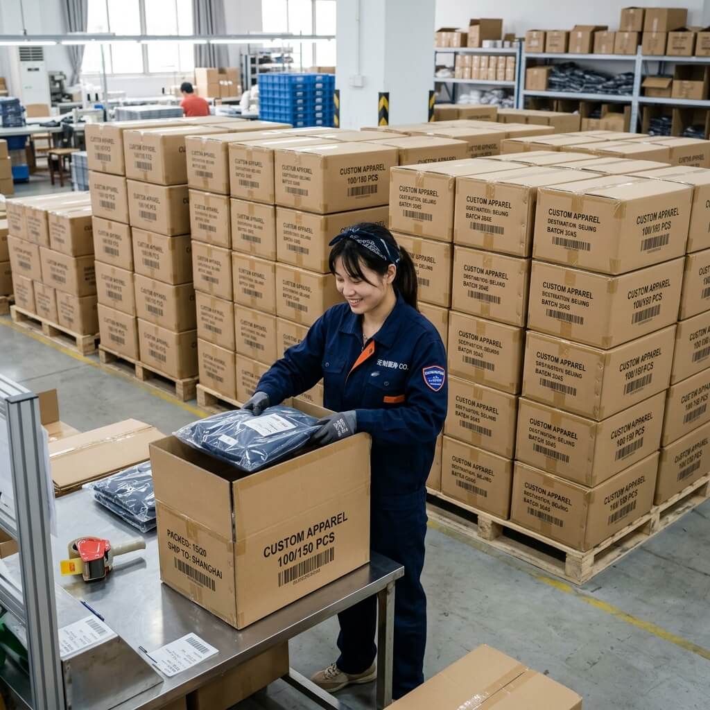 Packed cartons ready for shipment from the garment factory